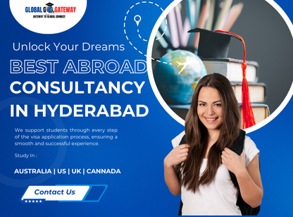 A smiling woman wearing a graduation cap, promoting study abroad consultancy in Hyderabad.